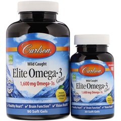 Рыбий жир, Омега 3, Elite Omega 3 Gems, Carlson Labs, лимон, 1600 мг, 90 + 30 таблеток в подарок