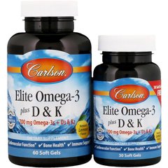Рыбий жир с витамином Д и К, Elite with Omega3 plus D3 K2, Carlson Labs, 60+ 30 капсул в подарок
