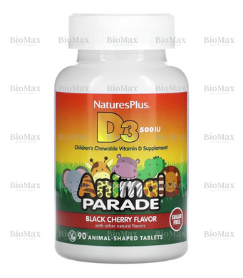 Детский витамин Д3, Д-3, Animal Parade, с натуральным ароматом черной вишни, Nature's Plus, 500 МЕ, 90 жевательных капсул