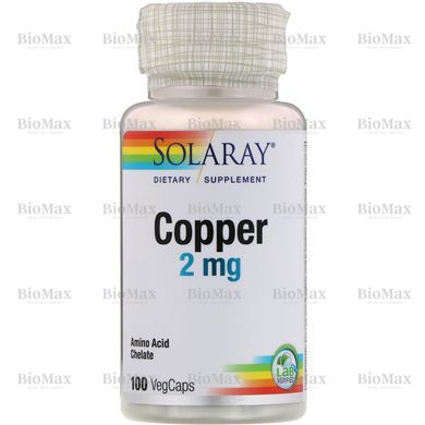 Мідь, Copper, Solaray, 2 мг, 100 капсул