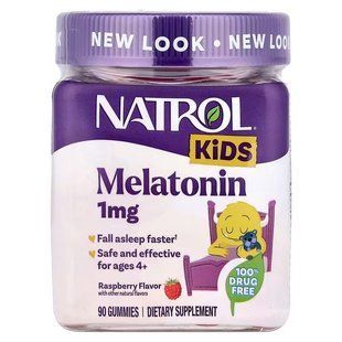 Мелатонин для детей от 4 лет, Kids, Melatonin Gummies, Natrol, со вкусом малины, 1 мг, 90 жевательных конфет