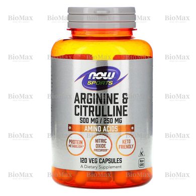 Аргинин и цитруллин, Arginine & Citrulline, Now Foods, 500/250, 120 капсул