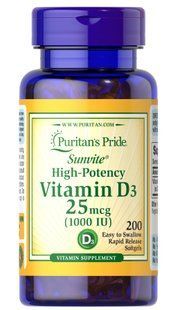 Вітамін D3, Vitamin D3, Puritan's Pride, 25 мкг (1000 МО), 200 гелевих капсул