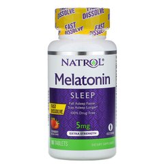 Мелатонін, швидкорозчинний, Melatonin, Natrol, клубника, 5 мг, 90 таблеток