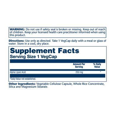 Альфа-липоевая кислота, Alpha Lipoic Acid, Solaray, 250 мг, 60 вегетарианских капсул