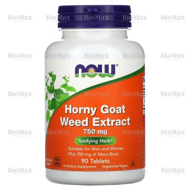 Экстракт горянки, Horny Goat Weed Extract, Now Foods, 750 мг, 90 таблеток