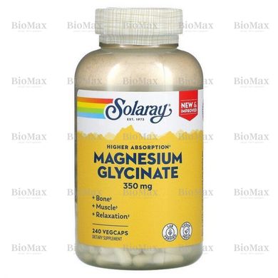 Магній гліцинат з високою абсорбцією, Magnesium Glycinate, Solaray, 350 мг, 240 капсул