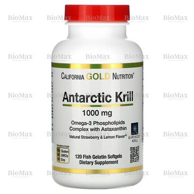 Масло антарктичного криля, Antarctic Krill, California Gold Nutrition, натуральный полунично-лимонний смак 1000 мг, 120 капсул