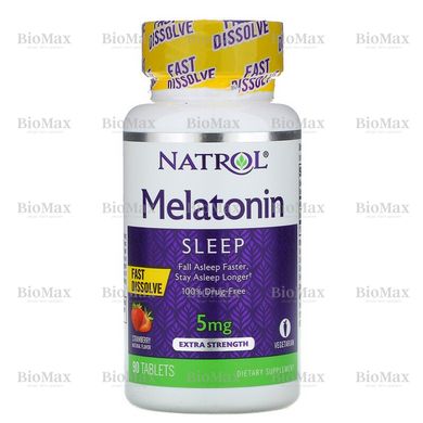 Мелатонин, быстрорастворимый, Melatonin, Natrol, клубника, 5 мг, 90 таблеток