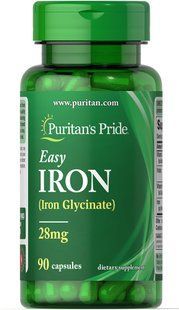 Залізо, Easy Iron (Glycinate), Puritan's Pride, 28 мг, 90 гелевих капсул
