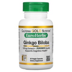 Экстракт гинкго билоба, Gingko Biloba, California Gold Nutrition, EuroHerbs, 120 мг, 60 растительных капсул
