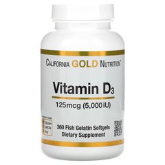 Витамин Д-3, Д3, Vitamin D-3, D3, California Gold Nutrition, 5000 МЕ, 360 капсул из рыбьего желатина