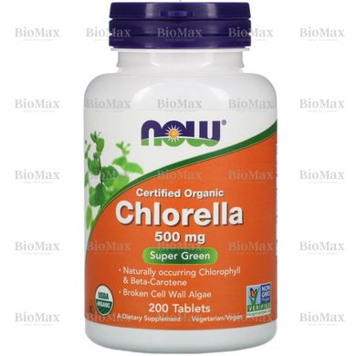 Сертифікована натуральна хлорелла, Organic Chlorella, Now Foods, 500 мг, 200 таблеток