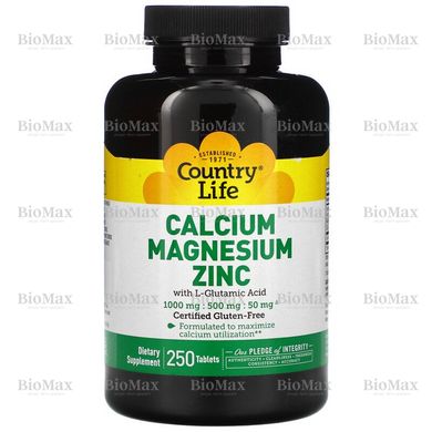 Кальций магний цинк, Calcium Magnesium Zinc, Country Life, 1000 мг/500 мг/50 мг, 250 таблеток