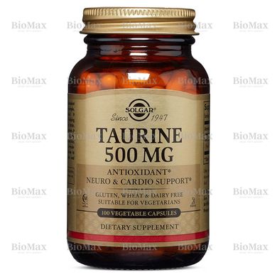Таурин, Taurine, Solgar, 500 мг, 100 капсул