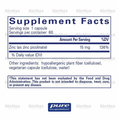 Цинк, Zinc, Pure Encapsulations, 15 мг, 60 капсул