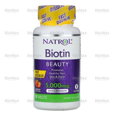 Биотин, Biotin, Natrol, клубника, 5000 мкг, 90 таблеток
