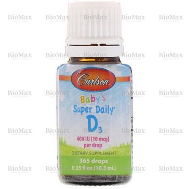 Витамин Д-3 для детей до 2 лет, Baby`s Super Daily D-3, D3, Carlson Labs, 10 мкг, 400 МЕ, 10,3 мл