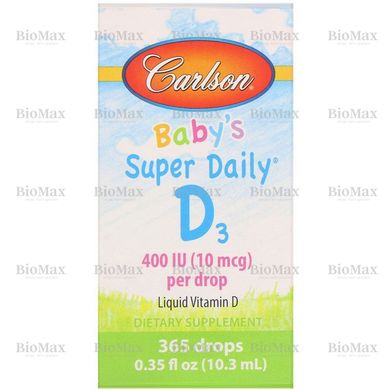Вітамін Д-3 для дітей до 2 років, Baby`s Super Daily D-3, D3, Carlson Labs, 10 мкг, 400 МО, 10,3 мл