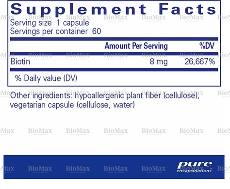 Биотин, Biotin, Pure Encapsulations, 8000 мкг 60 капсул