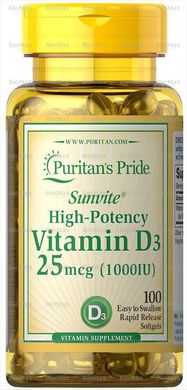 Витамин Д-3, Д3, Vitamin D-3, D3, Puritan's Pride, 1000 МЕ, 100 капсул