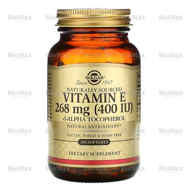 Натуральный витамин Е, Vitamin E, Solgar, 268 мг, 400 МЕ, 100 капсул