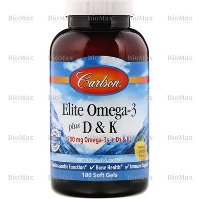 Риб'ячий жир, Омега 3 + Д-3 и К2, Д3, Omega 3 plus D3 K2, Carlson Labs, лимон 700 мг , 180 капсул